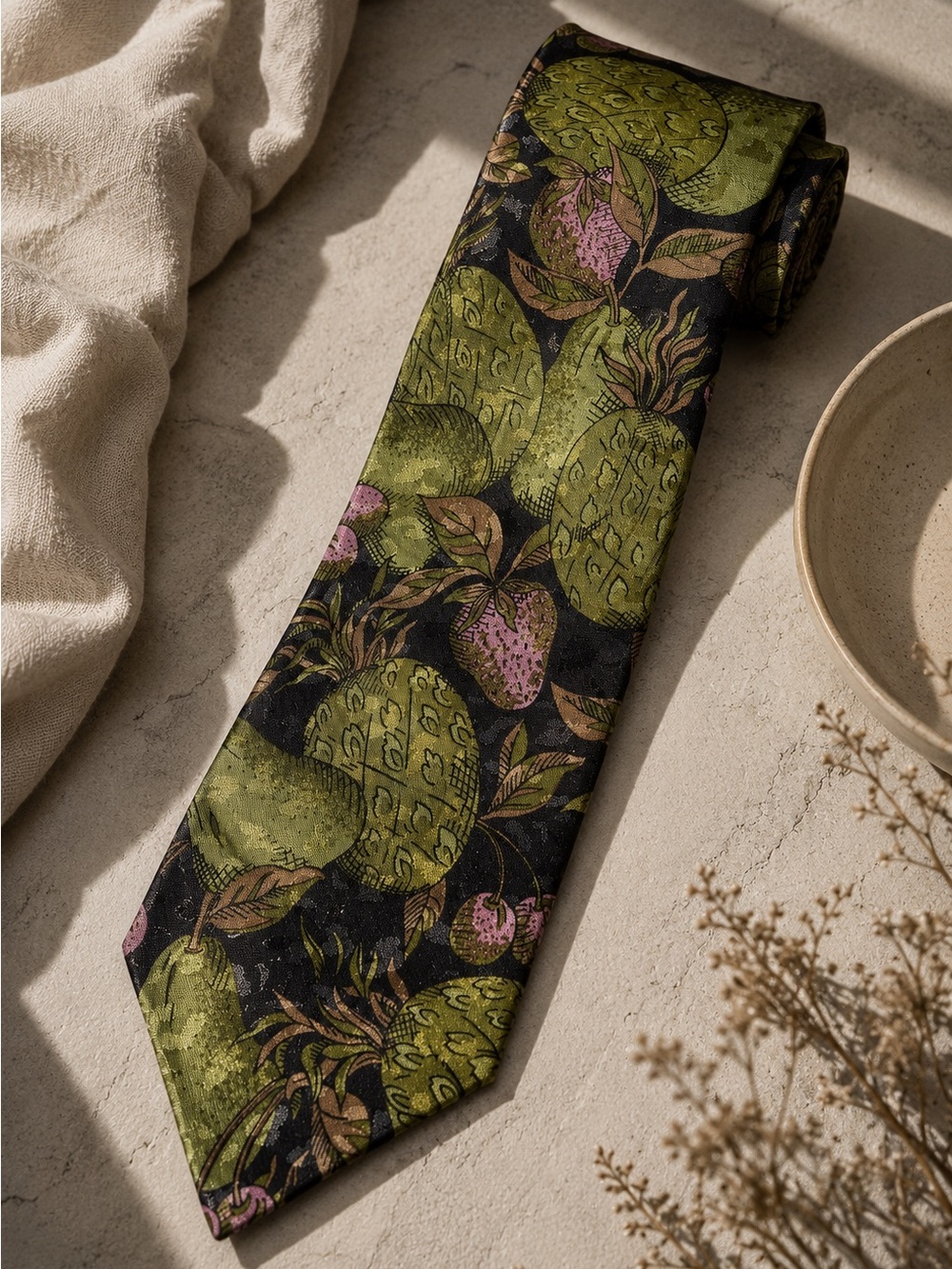 Vintage OAKTON Fruit Print Tie Pear Strawberry Pineapple Novelty Necktie